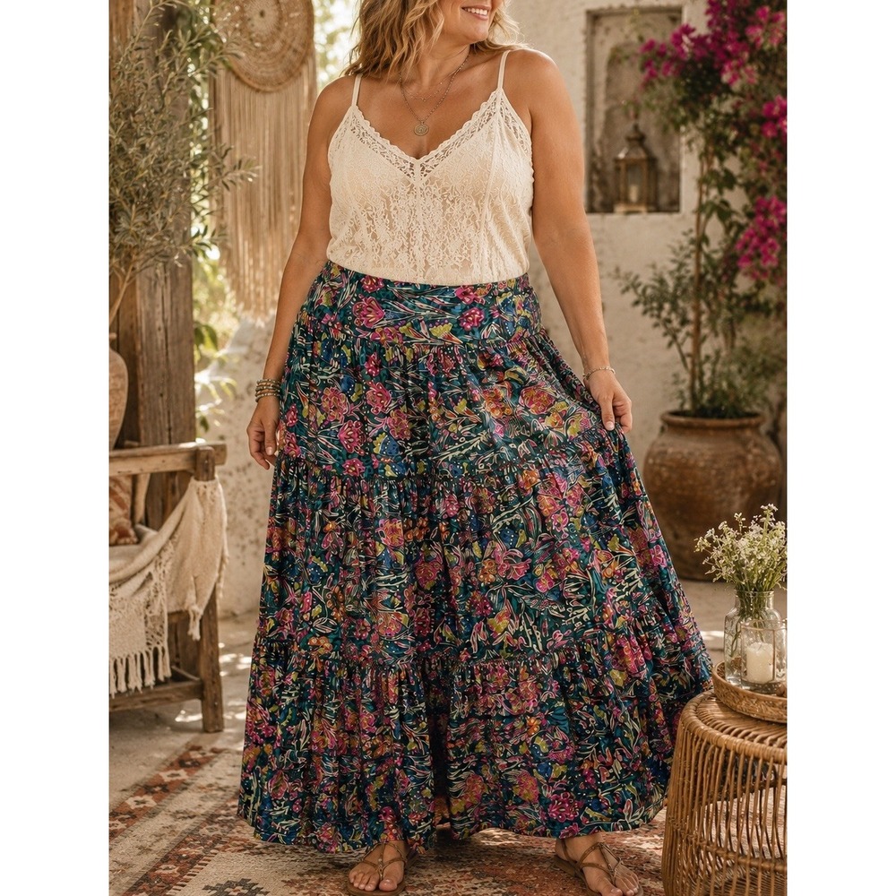 Natural Life Shiny Velvet Lisa Maxi Skirt Sz L Whimsical Floral Jewel Tones Boho
